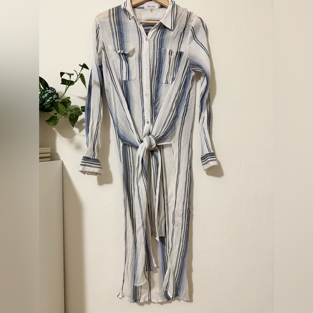 💙 Calvin Klein Striped Button-Down Tie-Front Cover-Up 🌊